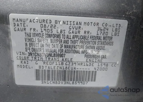 2022 Nissan Versa 1.6 S Xtronic Cvt из США, поврежденный, VIN 3N1CN8DV3NL859907